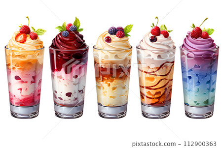 Watercolor Sweet desserts chocolate, strawberry, vanilla and fruity ice cream with berries and whipped cream topping in tall grass 112900363