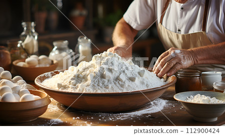 Closed up baker's male is baking flour and knead dough with ingredients for bakery homemade on table in kitchen 112900424