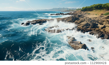 Aerial view landscape of coastline with ocean waves and powerful of sea with seascape canal and rocky coast 112900428