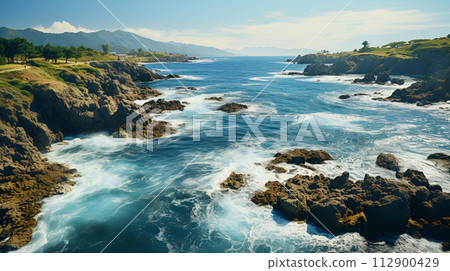 Aerial view landscape of coastline with ocean waves and powerful of sea with seascape canal and rocky coast 112900429