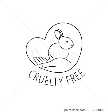 Cruelty free thin line icon. Not tested on animals outline logo sticker for animal friendly product packaging. Cute linear rabbit with text in circle. Vegan eco cosmetics. Simple lined badge Cruelty free thin line icon. Not tested on animals outline logo sticker for animal friendly product packaging. Cute linear rabbit with text in circle. Vegan eco cosmetics. Simple lined badge 112900699
