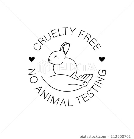 Cruelty free thin line icon. Not tested on animals outline logo sticker for animal friendly product packaging. Cute linear rabbit with text in circle. Vegan eco cosmetics. Simple lined badge Cruelty free thin line icon. Not tested on animals outline logo sticker for animal friendly product packaging. Cute linear rabbit with text in circle. Vegan eco cosmetics. Simple lined badge 112900701