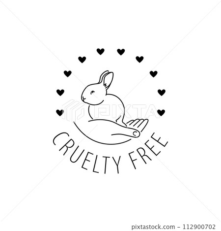 Cruelty free thin line icon. Not tested on animals outline logo sticker for animal friendly product packaging. Cute linear rabbit with text in circle. Vegan eco cosmetics. Simple lined badge Cruelty free thin line icon. Not tested on animals outline logo sticker for animal friendly product packaging. Cute linear rabbit with text in circle. Vegan eco cosmetics. Simple lined badge 112900702