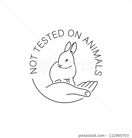 Cruelty free thin line icon. Not tested on animals outline logo sticker for animal friendly product packaging. Cute linear rabbit with text in circle. Vegan eco cosmetics. Simple lined badge 112900703