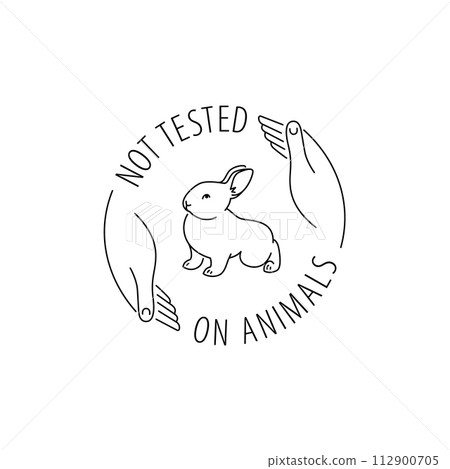 Cruelty free thin line icon. Not tested on animals outline logo sticker for animal friendly product packaging. Cute linear rabbit with text in circle. Vegan eco cosmetics. Simple lined badge 112900705