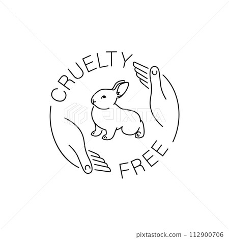 Cruelty free thin line icon. Not tested on animals outline logo sticker for animal friendly product packaging. Cute linear rabbit with text in circle. Vegan eco cosmetics. Simple lined badge Cruelty free thin line icon. Not tested on animals outline logo sticker for animal friendly product packaging. Cute linear rabbit with text in circle. Vegan eco cosmetics. Simple lined badge 112900706