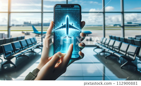 A hand holds a phone displaying a 3D airplane hologram, 112900881