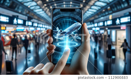 A hand holds a phone displaying a 3D airplane hologram, A hand holds a phone displaying a 3D airplane hologram, 112900883