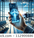 A hand holds a phone displaying a 3D airplane hologram, 112900886