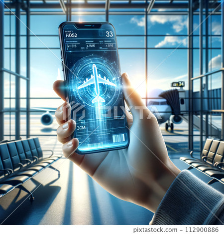 A hand holds a phone displaying a 3D airplane hologram, A hand holds a phone displaying a 3D airplane hologram, 112900886