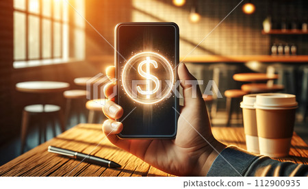 A hand holds a mobile phone with a simple 3D dollar coin hologram floating outside 112900935