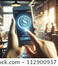 A hand holds a mobile phone with a simple 3D dollar coin hologram floating outside 112900937
