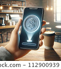 A hand holds a mobile phone with a simple 3D dollar coin hologram floating outside 112900939