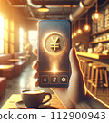 a hand holds a phone with a floating 3D yen coin hologram 112900943