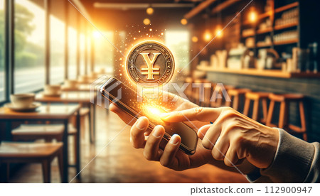 a hand holds a phone with a floating 3D yen coin hologram 112900947