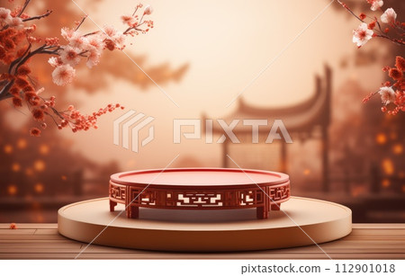 Podium round stage Chinese new year,Chinese Festivals, Mid Autumn Festival , red ,flower and asian elements with craft style on background Podium round stage Chinese new year,Chinese Festivals, Mid Autumn Festival , red ,flower and asian elements with craft style on background 112901018