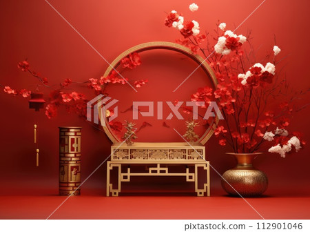 Lunar year background design with ingots and cherry flowers as the decoration, Podium stage chinese style for chinese new year and festivals or mid autumn festival. Lunar year background design with ingots and cherry flowers as the decoration, Podium stage chinese style for chinese new year and festivals or mid autumn festival. 112901046