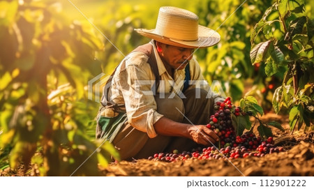 AI-generated content. Colombian man wearing hat harvesting ripe coffee on plantation. Portrait of Farmer picking red bean.  112901222