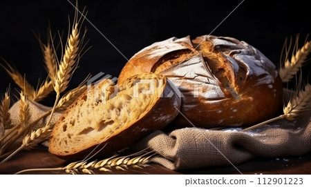 AI-generated content. Fresh bread with wheat ears on dark board, copy space 112901223