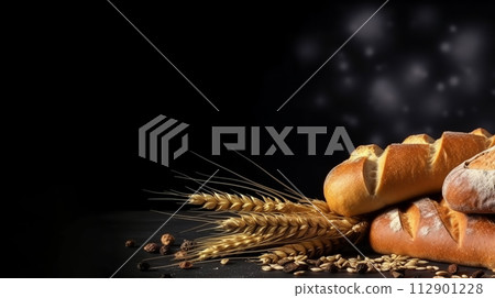 AI-generated content. Fresh bread with wheat ears on black background, copy space 112901228