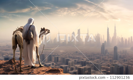 AI-generated content. Arab man with camel walking at desert and watching futuristic city with skyscrapers on horizon at sunset AI-generated content. Arab man with camel walking at desert and watching futuristic city with skyscrapers on horizon at sunset 112901236