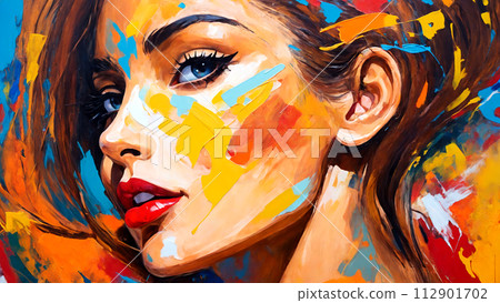 Portrait of a beautiful woman, painted in bright colors 112901702