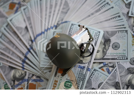 Grenade with a check against the background of huge amount of american dollar bills close up 112902313
