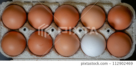 Fresh chicken eggs in a paper tray on the table, selective focus Fresh chicken eggs in a paper tray on the table, selective focus 112902469