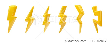 3D lightning. Electric thunder bolt power. Electricity energy. Render flash or fast light. Weather element. Fast battery charging. Yellow thunderbolt shapes. Vector cartoon icons set 3D lightning. Electric thunder bolt power. Electricity energy. Render flash or fast light. Weather element. Fast battery charging. Yellow thunderbolt shapes. Vector cartoon icons set 112902867