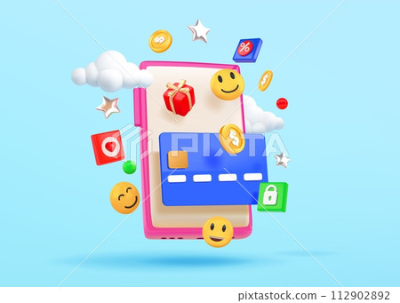 Online shopping. 3D smartphone. Internet payment. Discount promotion. Sale in phone. Mobile application. Digital finance. Paying for purchase. Render cellphone screen. Vector illustration Online shopping. 3D smartphone. Internet payment. Discount promotion. Sale in phone. Mobile application. Digital finance. Paying for purchase. Render cellphone screen. Vector illustration 112902892
