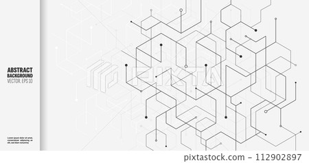 Tech background. Network connect line pattern elements. White hexagons and squares. Geometric mesh. Polygons and dots. Chemical molecule structure. Graphic shape. Vector abstract banner Tech background. Network connect line pattern elements. White hexagons and squares. Geometric mesh. Polygons and dots. Chemical molecule structure. Graphic shape. Vector abstract banner 112902897
