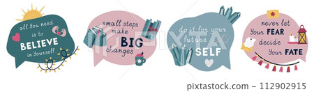 Chat label. Speak sticker shapes. Speech bubble. Brush frame tag for talk banner. Motivational lettering. Inspiration message. Success sport icons. Vector cartoon dialog quote borders set 112902915