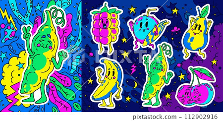 Doodle fruits. Crazy food character. Smiling raspberry and coconut. Berry comic mascot. Summer poster for kid healthy birthday party. Banana and cherry. Vector cartoon color drawings set Doodle fruits. Crazy food character. Smiling raspberry and coconut. Berry comic mascot. Summer poster for kid healthy birthday party. Banana and cherry. Vector cartoon color drawings set 112902916