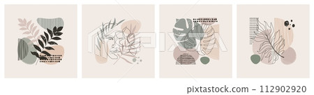 Abstract patterns. Line minimal flowers, outline girl portrait. Modern wall art, plants and geometric woman texture collage. Contemporary posters or square cards. Vector botanical background Abstract patterns. Line minimal flowers, outline girl portrait. Modern wall art, plants and geometric woman texture collage. Contemporary posters or square cards. Vector botanical background 112902920