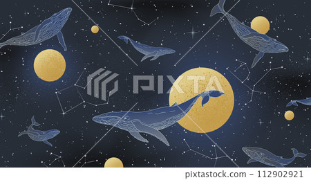 Line whale. Ocean sea fish, geometric animal pattern or modern art, yellow ink golden moon, stars and space on background, nature fantasy print. Vector illustration wallpaper design Line whale. Ocean sea fish, geometric animal pattern or modern art, yellow ink golden moon, stars and space on background, nature fantasy print. Vector illustration wallpaper design 112902921