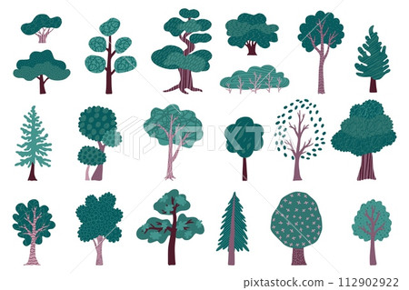 Simple trees. Forest silhouette icons, plant pine and bush trunk design, brown branch and green leaves, modern environment set. Summer park botany, vector cartoon flat isolated illustration Simple trees. Forest silhouette icons, plant pine and bush trunk design, brown branch and green leaves, modern environment set. Summer park botany, vector cartoon flat isolated illustration 112902922