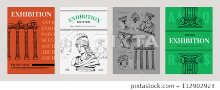 Greek posters. Rome and Greece art. Ancient statues. Museum exhibition. Athens marble column and gods sculpture for retro mythology. Antique monument. Vector gallery flyers design set Greek posters. Rome and Greece art. Ancient statues. Museum exhibition. Athens marble column and gods sculpture for retro mythology. Antique monument. Vector gallery flyers design set 112902923