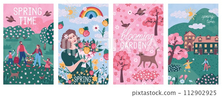 Spring woman. Flower book cover with nature pastel air landscape, fresh girl face paint drawing, Family walking in forest, blossom bouquet, cute house. Poster set. Vector flyer design Spring woman. Flower book cover with nature pastel air landscape, fresh girl face paint drawing, Family walking in forest, blossom bouquet, cute house. Poster set. Vector flyer design 112902925