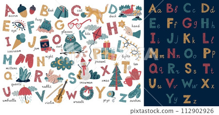 Children alphabet. English font letters. Flower and forest animals. Typography words on school learn poster. Uppercase and lowercase. Words vocabulary. Kids education. Vector study banner Children alphabet. English font letters. Flower and forest animals. Typography words on school learn poster. Uppercase and lowercase. Words vocabulary. Kids education. Vector study banner 112902926