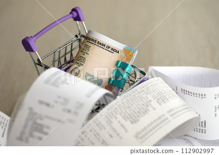 Indian rupees money bills bunch in shopping trolley surrounded by many paper receipts close up 112902997