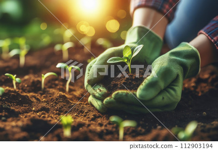 A caring human hand gently supports a tender young green plant in rich soil, symbolizing growth and eco-friendliness amidst glowing sunlight 112903194