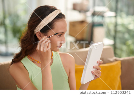 Teenage girl looking at mirror and brushing eyebrows Teenage girl looking at mirror and brushing eyebrows 112903241