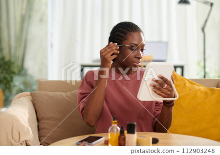 Portrait of Black girl looking in magnifying mirror and brushing eyebrows 112903248