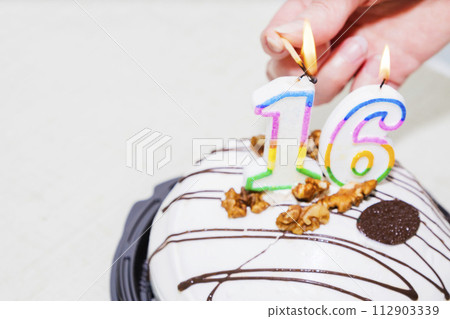 Cake: Birthday Cake With Candles For 16th Birthday 112903339