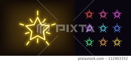 Outline neon superstar icon set. Glowing neon star shine with rays. Starburst, glory rays and popularity, star flash, celebrity and legend, award and sensation, starry sparks, star party. Vector icons Outline neon superstar icon set. Glowing neon star shine with rays. Starburst, glory rays and popularity, star flash, celebrity and legend, award and sensation, starry sparks, star party. Vector icons 112903352