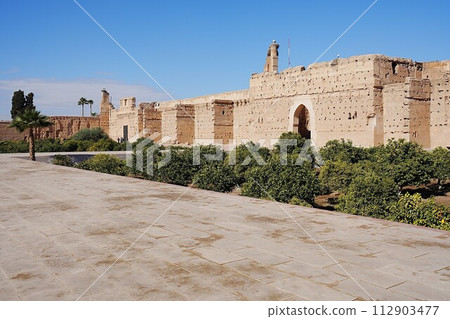 Walls of El Badi palace with stork's nests in Marrakech city in Morocco Walls of El Badi palace with stork's nests in Marrakech city in Morocco 112903477