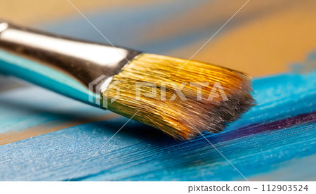 Paint Brush Close Up on Wooden Surface. Generative AI 112903524