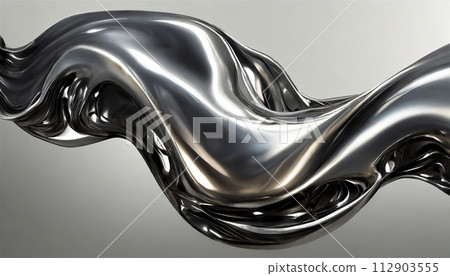 Abstract fluid metal bent form. Metallic shiny curved wave in motion. Design element steel texture effect. 112903555