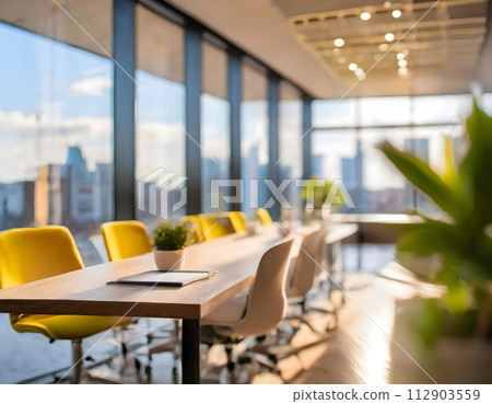 Blurred empty open space room. Abstract light bokeh at office interior background for design. 112903559
