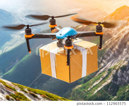 Drone flies and carries a cardboard box. Transportation of cargo ships of the future. City parcel delivery. Drone flies and carries a cardboard box. Transportation of cargo ships of the future. City parcel delivery. 112903575